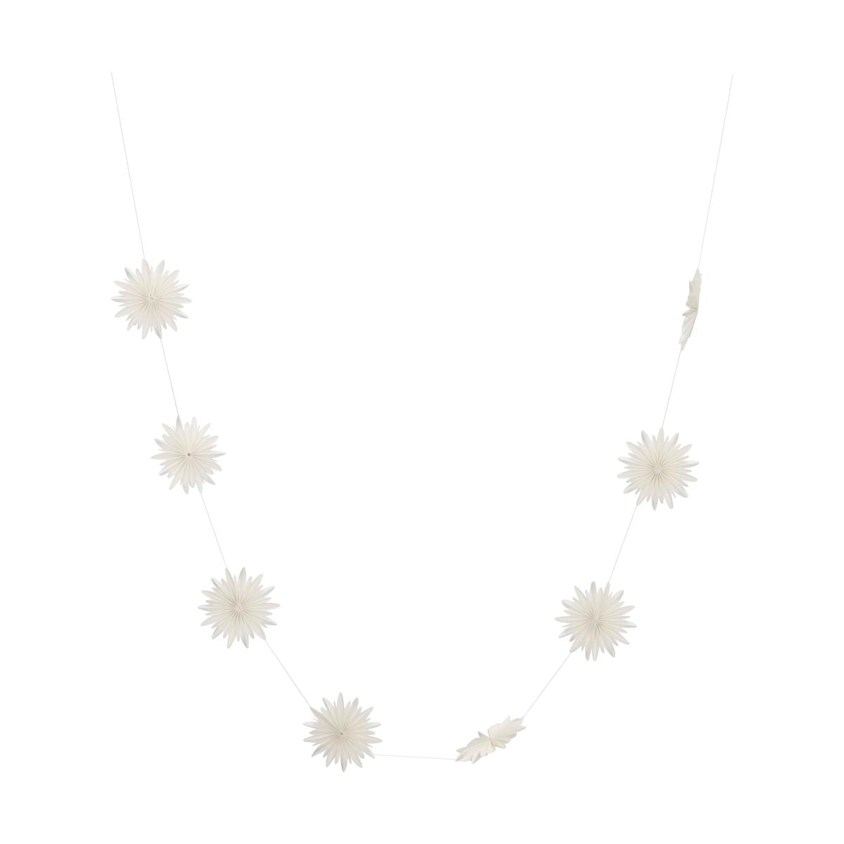 The House Doctor "Garland Girla Stars in Paper, White" is a charming handmade decoration featuring evenly spaced white star shapes on a thin string, beautifully displayed against a plain white background.