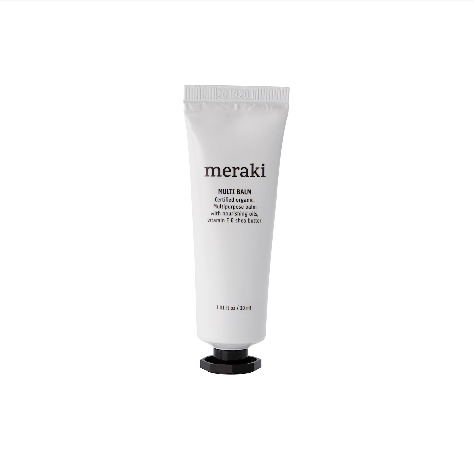 A white tube labeled Meraki Organic Multi Balm for Moisturising Dry & Damaged Skin 30 ml stands upright on a white background, featuring black text. This certified organic balm with vitamin E and shea butter soothes dry skin.