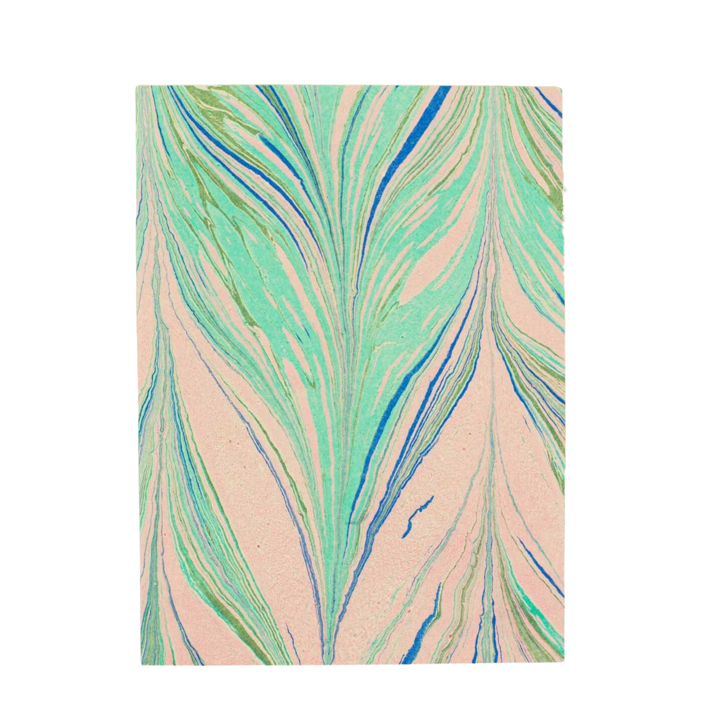 Greeting card "Marble, Handmade" by A World of Craft features a swirling marbled pattern in teal, green, and blue on a light pink background, printed on fair trade handmade paper for a beautiful organic effect.