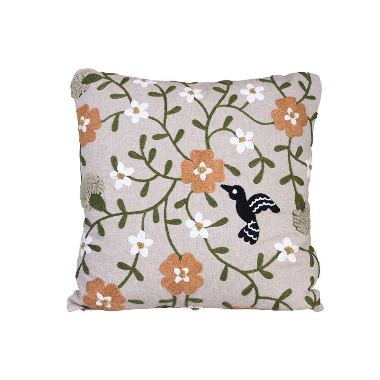 Strömshaga Cushion Cover Daisy Embroidered, 45x45 cm—features detailed cotton embroidery of green vines, orange and white flowers, and a black bird on a light beige cover.