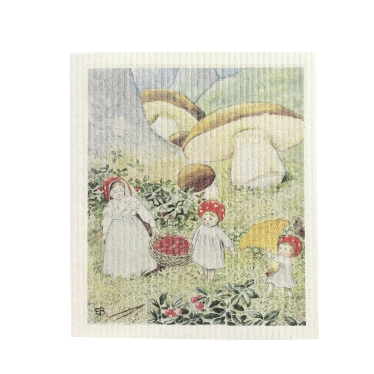 Whimsical and vintage Swedish dishcloth by Strömshaga, featuring the “Children of the Forest” illustration inspired by Elsa Beskow—three children in white clothes and red hats picking berries among grassy fields and large mushrooms, with one child holding a yellow umbrella. Ideal for eco-friendly kitchen decor.