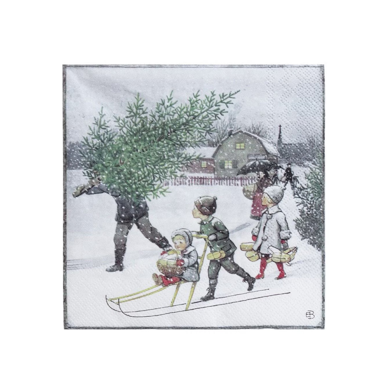 A person carries a tree while three children—one riding a sled and two walking—follow behind through the snow near a house, creating a charming scene reminiscent of the illustration featured on Strömshaga’s “Paper Napkin Elsa Beskow, Home for Christmas.”.