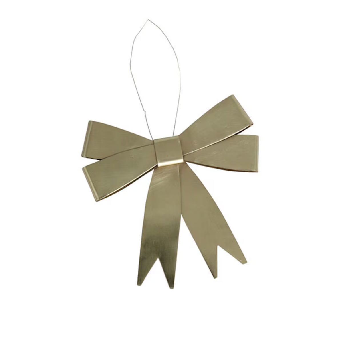 The Ribbon Hanging Ornament in brass by Strömshaga features a gold metallic bow with decorative ribbon tails, each ending in a classic V shape, and a thin wire loop at the top for hanging—perfect for adding an elegant touch to your Christmas tree.
