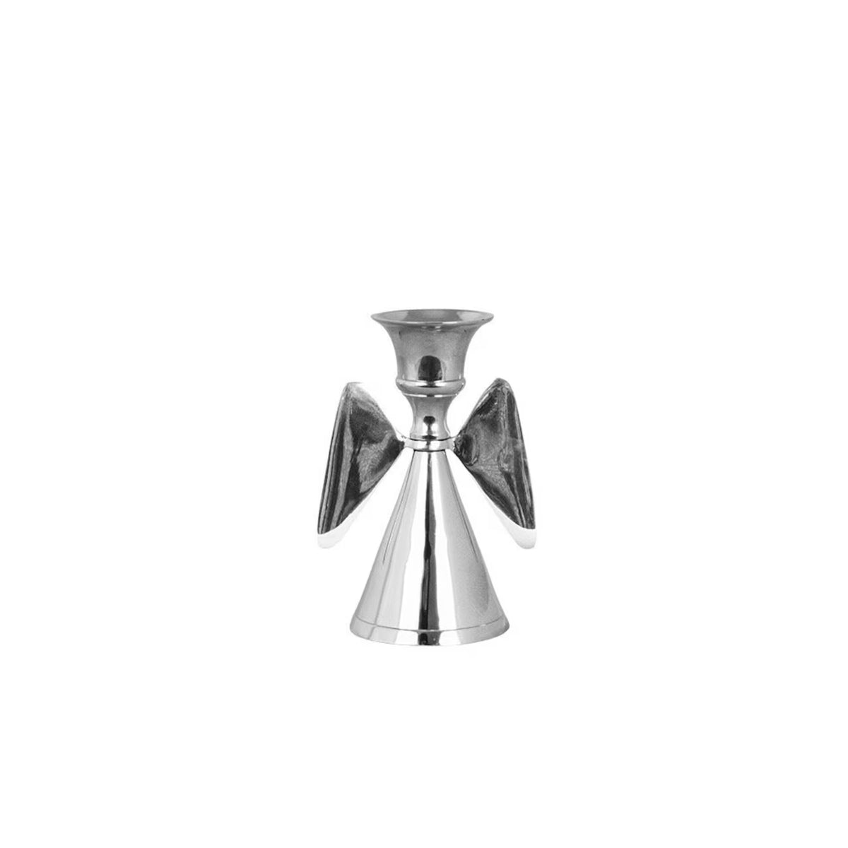 The Candle Holder Angel in Nickel by Strömshaga features a silver, angel-shaped design with a conical body, flared wings, and a cup on top for holding a candle—an elegant choice for a Christmas present or baptism gift, shown against a plain white background.