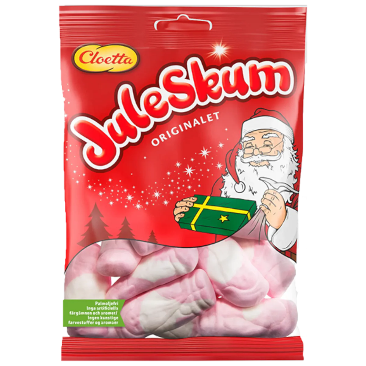 A red bag of Deli Cloetta Juleskum Fruity Marshmallows 100g, featuring an illustration of Santa Claus holding a gift.