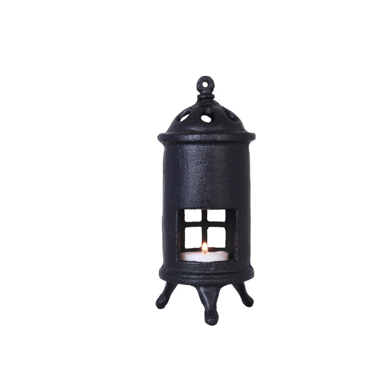 The Strömshaga Stove Candleholder for Tea Lights is a cast iron lantern with four legs, a window-like opening, vented rounded top, and hanging loop—perfect as a vintage-inspired décor accent.