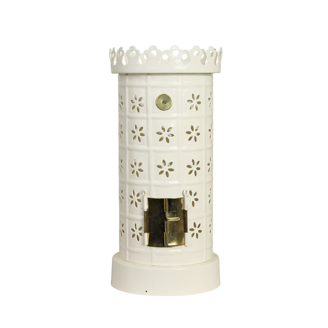 The Strömshaga Tea Light Holder, Tiled Stove in White, features a cylindrical ceramic design with floral cutouts, a brass door, and a crown-like rim.