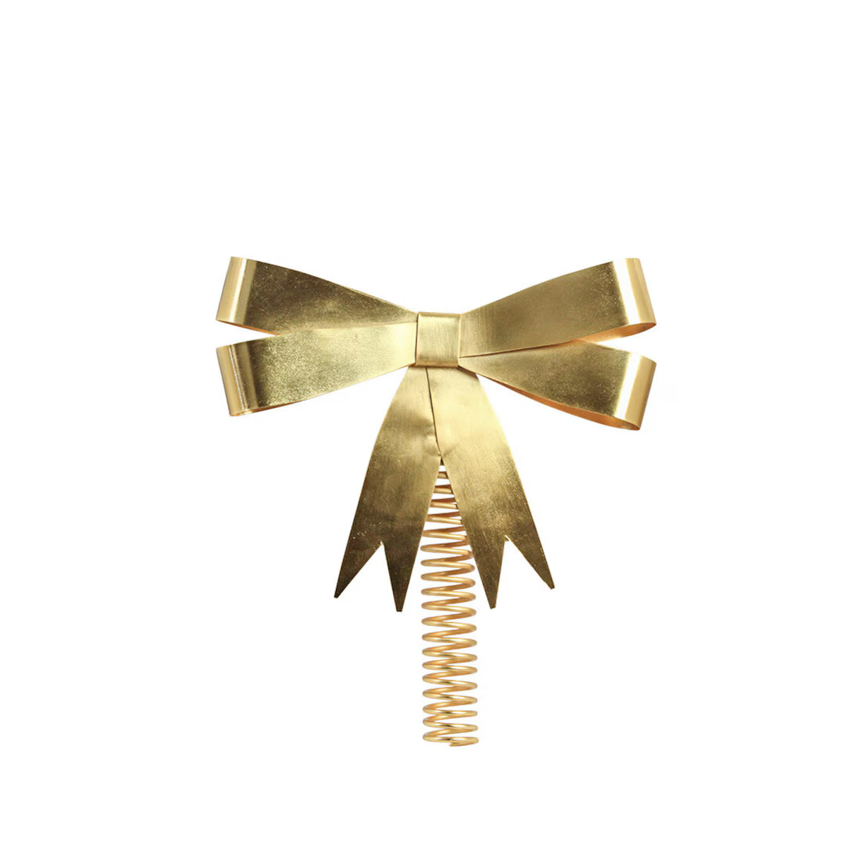 The Strömshaga Tree Topper Bow in Brass features a gleaming gold finish and a unique spring tail design, making it perfect for brightening your holiday décor or as a festive Christmas tree topper, shown here isolated on a white background.
