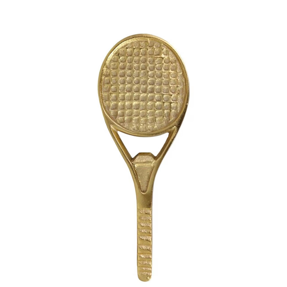Featured against a plain white background, the Bottle Opener Tennis Racket by Strömshaga showcases an antique brass finish and a distinctive tennis racket silhouette with a textured head. This eye-catching piece serves as both a decorative accent and a functional kitchen tool, blending style and utility in your home.