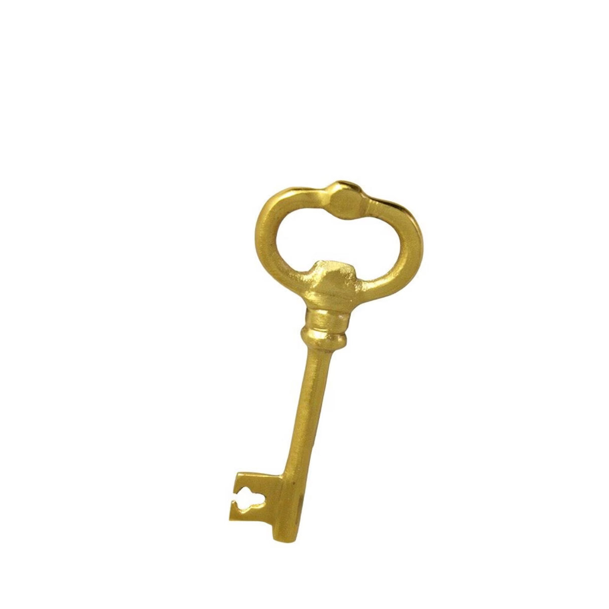 The Strömshaga Bottle Opener Key, Antique Brass, showcases a vintage-inspired design with a rounded, ornate bow and a simple, notched blade. Its elegant brass finish and understated decorative details add charm, all highlighted against a plain white background.