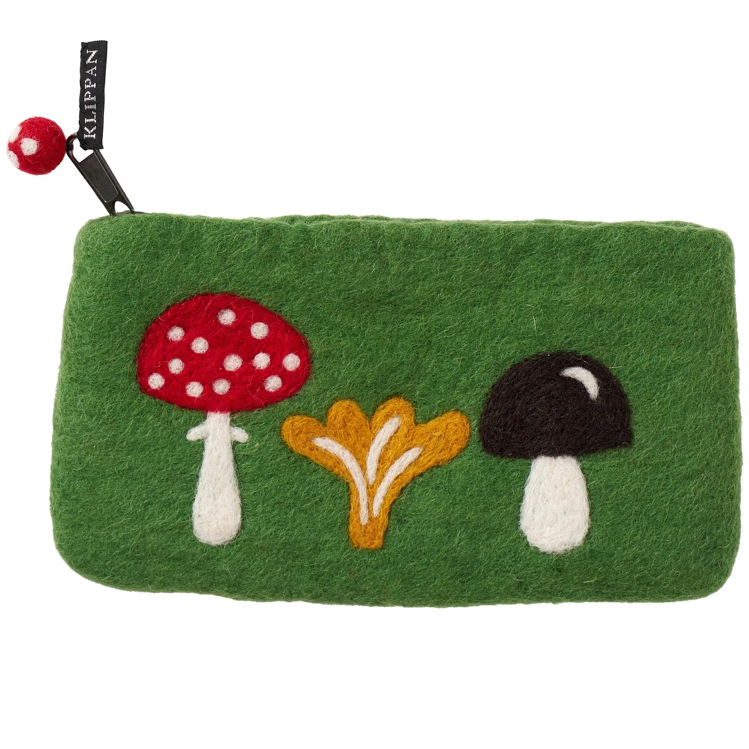The Felted Purse Mushroom in Green by Klippan features three hand-felted wool mushrooms—a red spotted, a yellow, and a black—decorating the zippered front.