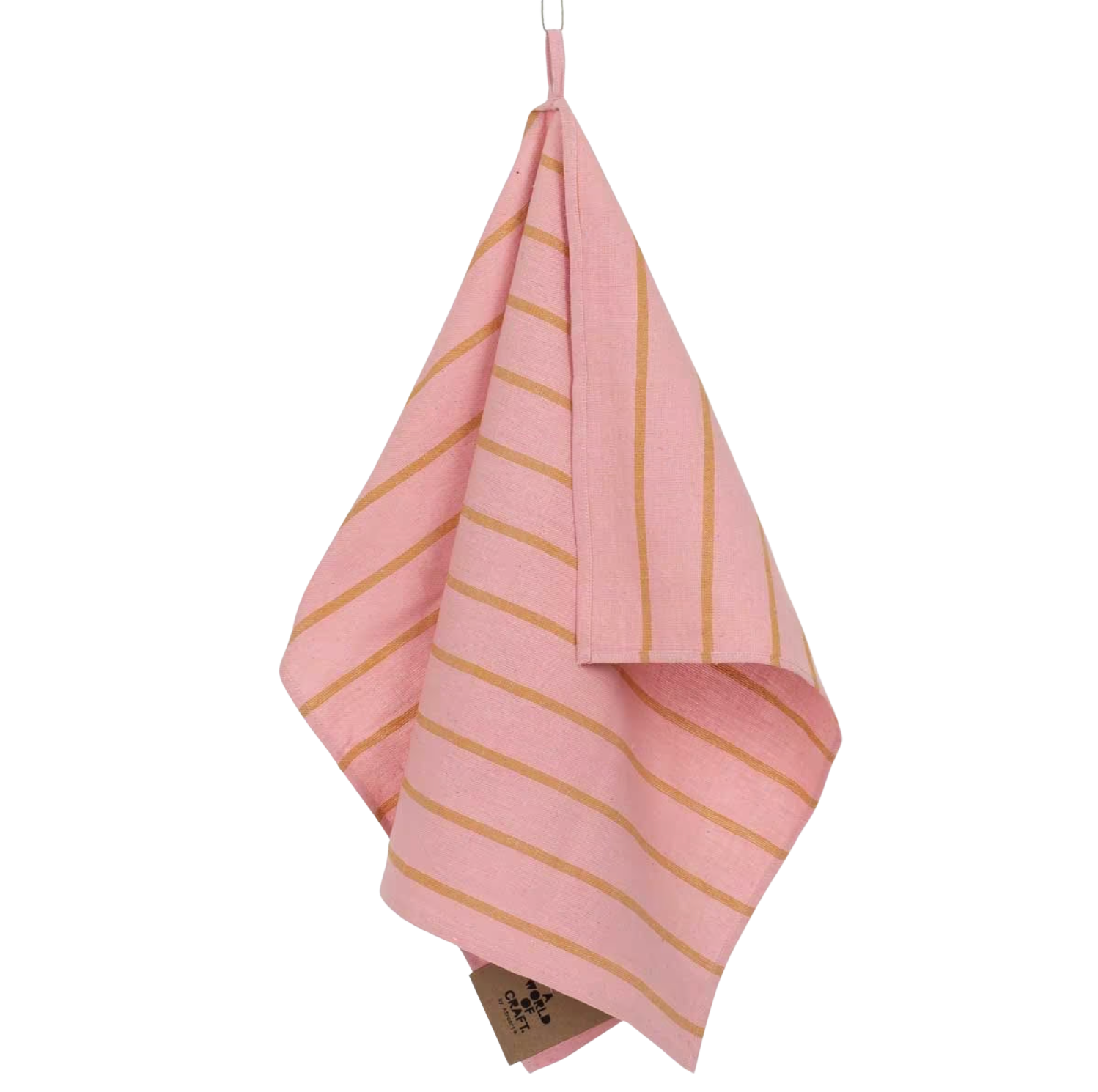 A World of Craft’s handwoven Tea Towel in Wide Stripe Pink & Mustard, crafted from organic cotton, hangs from a hook against a plain white background.