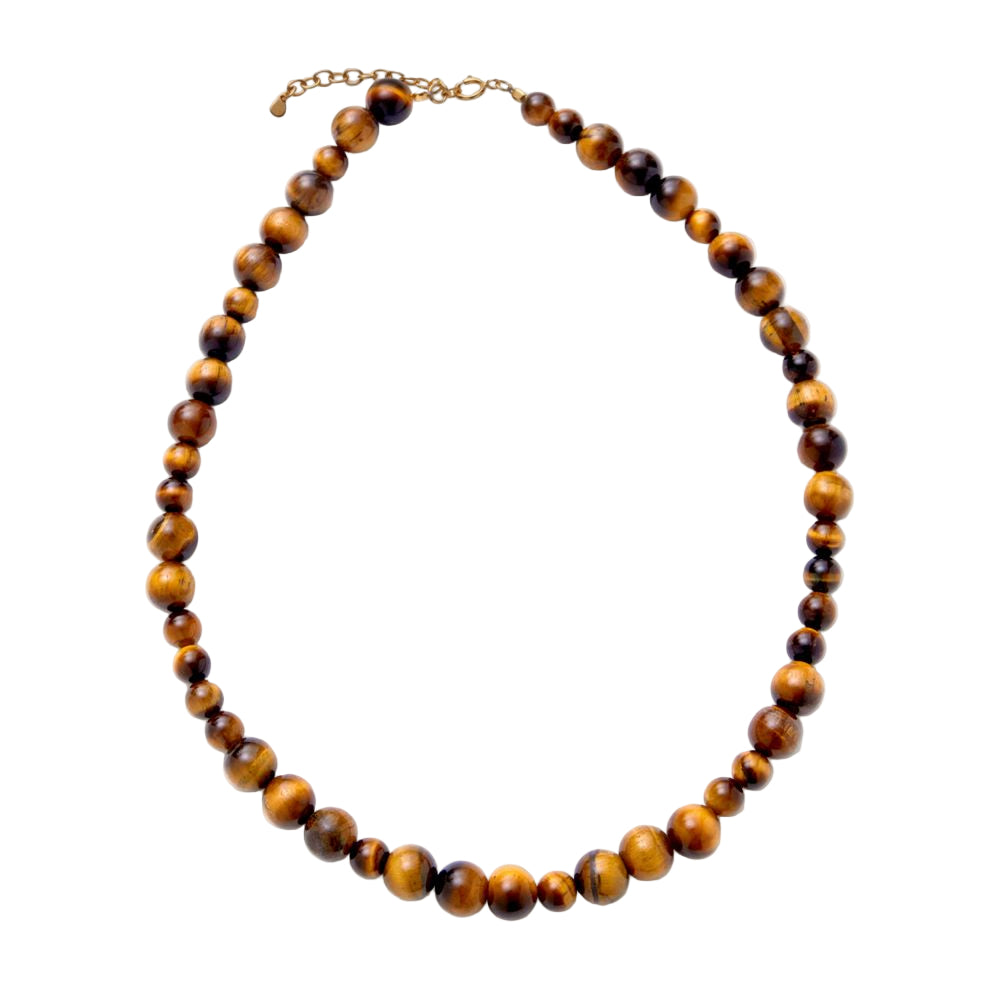 The Pernille Corydon Earth Necklace w. Tiger Eye Stones features polished, round beads in glossy brown and golden hues, finished with a gold chain and clasp for a natural, elegant look. Part of the Earth collection.