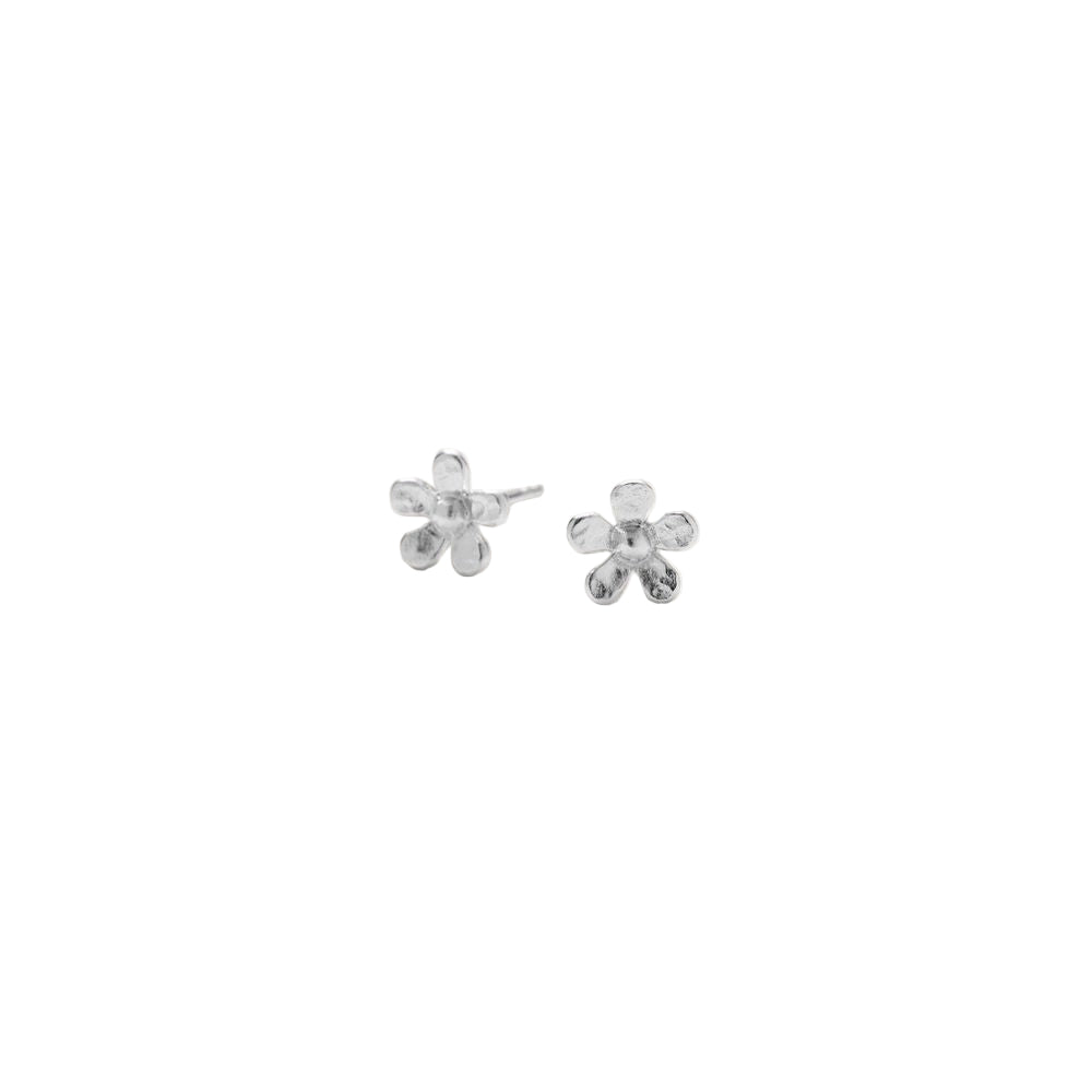 The Pernille Corydon Wild Poppy Stud Earrings in Silver feature a five-petaled floral design and are shown on a simple white background.