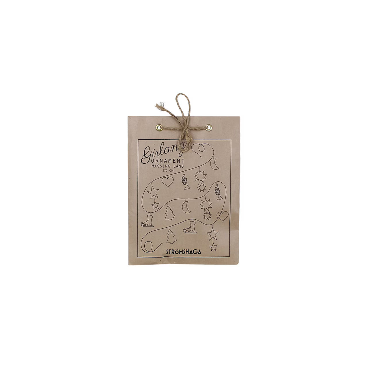 A brown paper package labeled "Garland with Ornaments in Brass, 2.7m," features classic Christmas illustrations and twine at the top, with Strömshaga branding at the bottom.