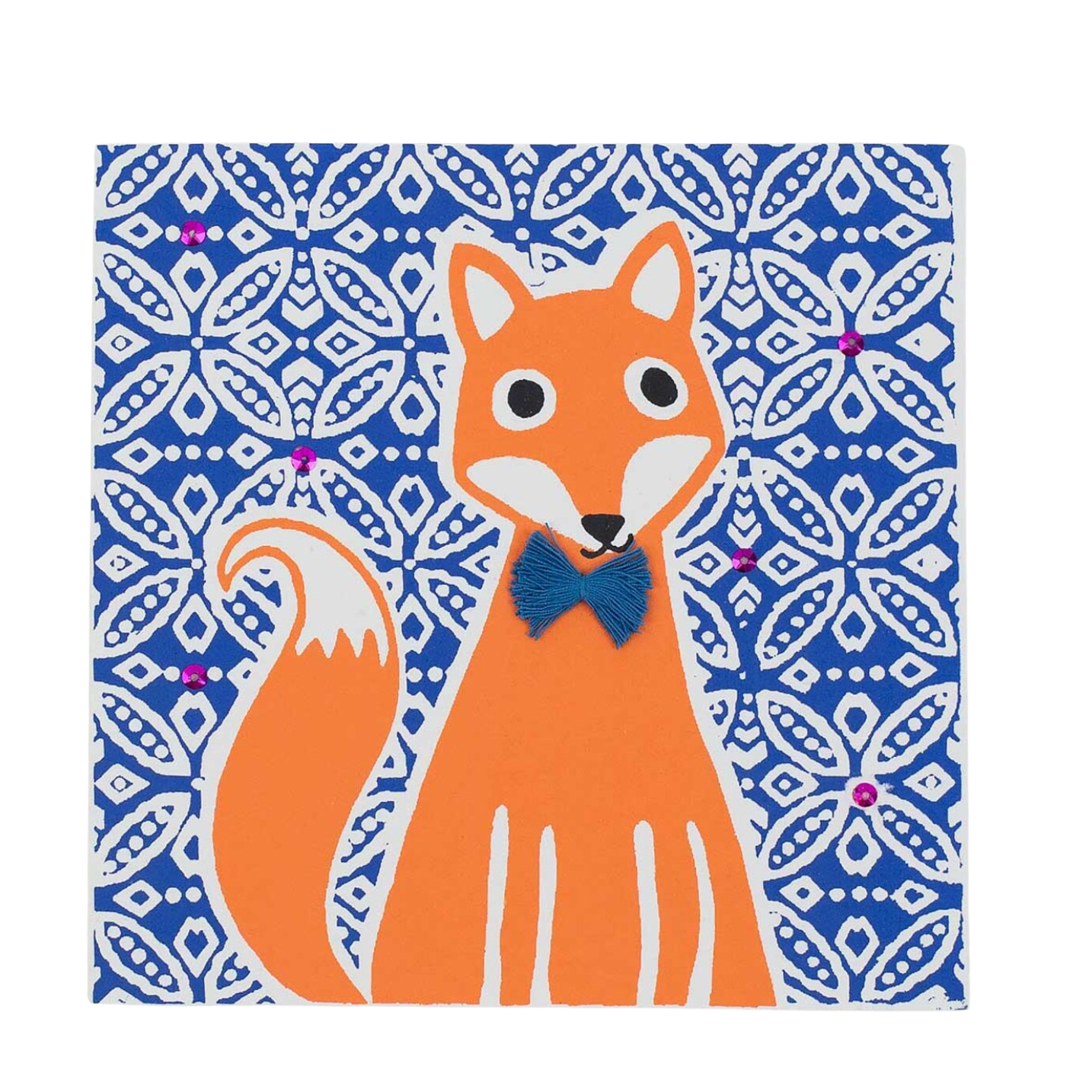 The Fox Handmade Greeting Card by A World of Craft features an orange fox with a blue bow tie on a blue and white geometric floral background with pink dots—a charming fair trade card for any occasion.