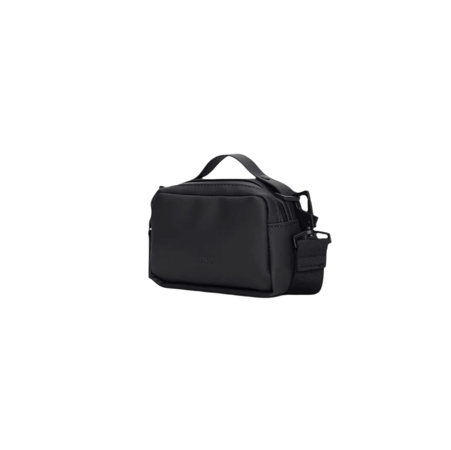 The Rains Box Bag Micro in Black by Rains is a compact rectangular crossbody with a top handle, zipper closure, and adjustable strap—ideal for your daily essentials. Shown on a white background.