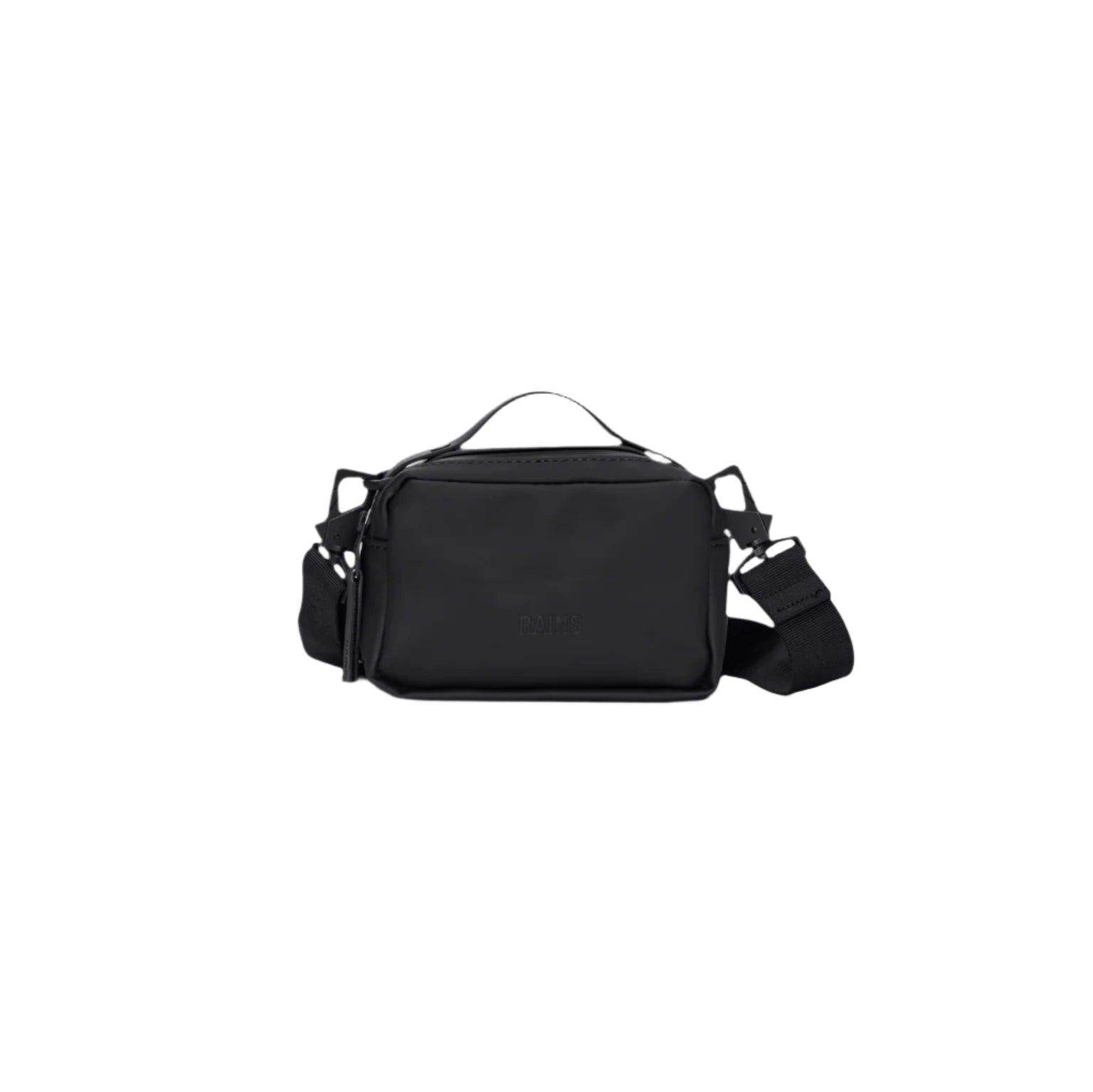 The Rains Box Bag Micro in Black by Rains is a small rectangular crossbody with a top handle, zip closure, and adjustable strap—ideal for your daily essentials. Shown here against a white background.