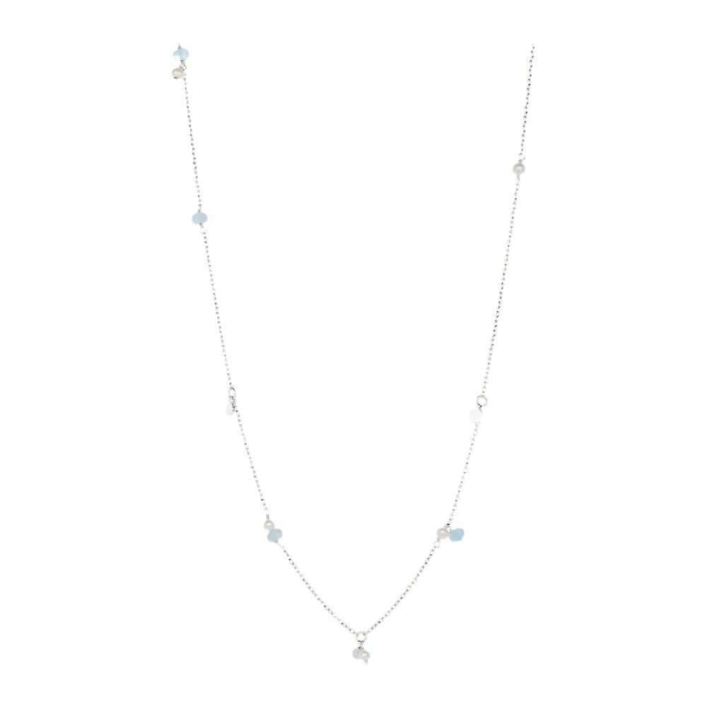 The Pernille Corydon Afterglow Sea Necklace in silver features freshwater pearls and blue agate beads, artfully spaced along a delicate chain and inspired by the beauty of the multicolored seabed. Shown on a white background.