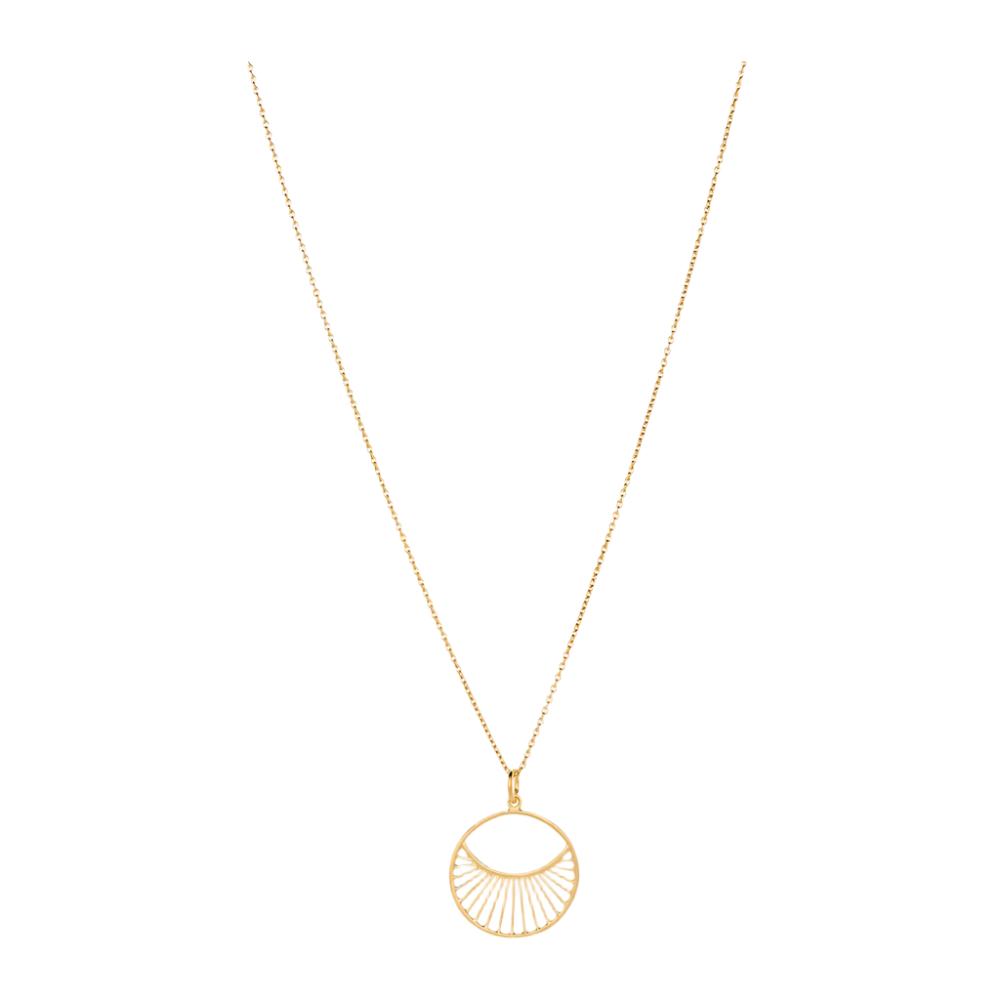 The Daylight Necklace in Gold, Short by Pernille Corydon features a thin chain and a round, open sunburst pendant inspired by light and shapes from the Daylight collection.