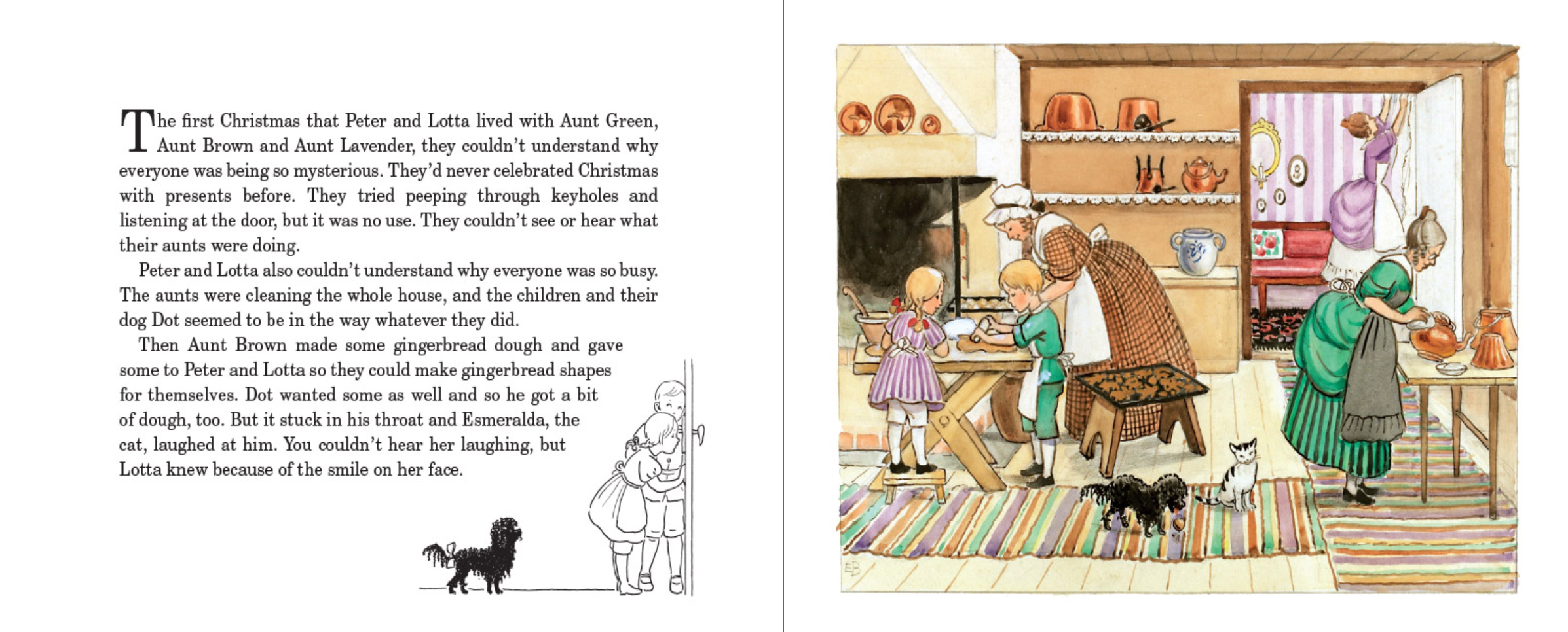 In the Elsa Beskow "Peter & Lotta's Christmas Mini Edition Book," two illustrated pages show text with a small dog on the left and a lively kitchen scene on the right, capturing Swedish Christmas traditions reminiscent of Peter and Lotta’s adventures.