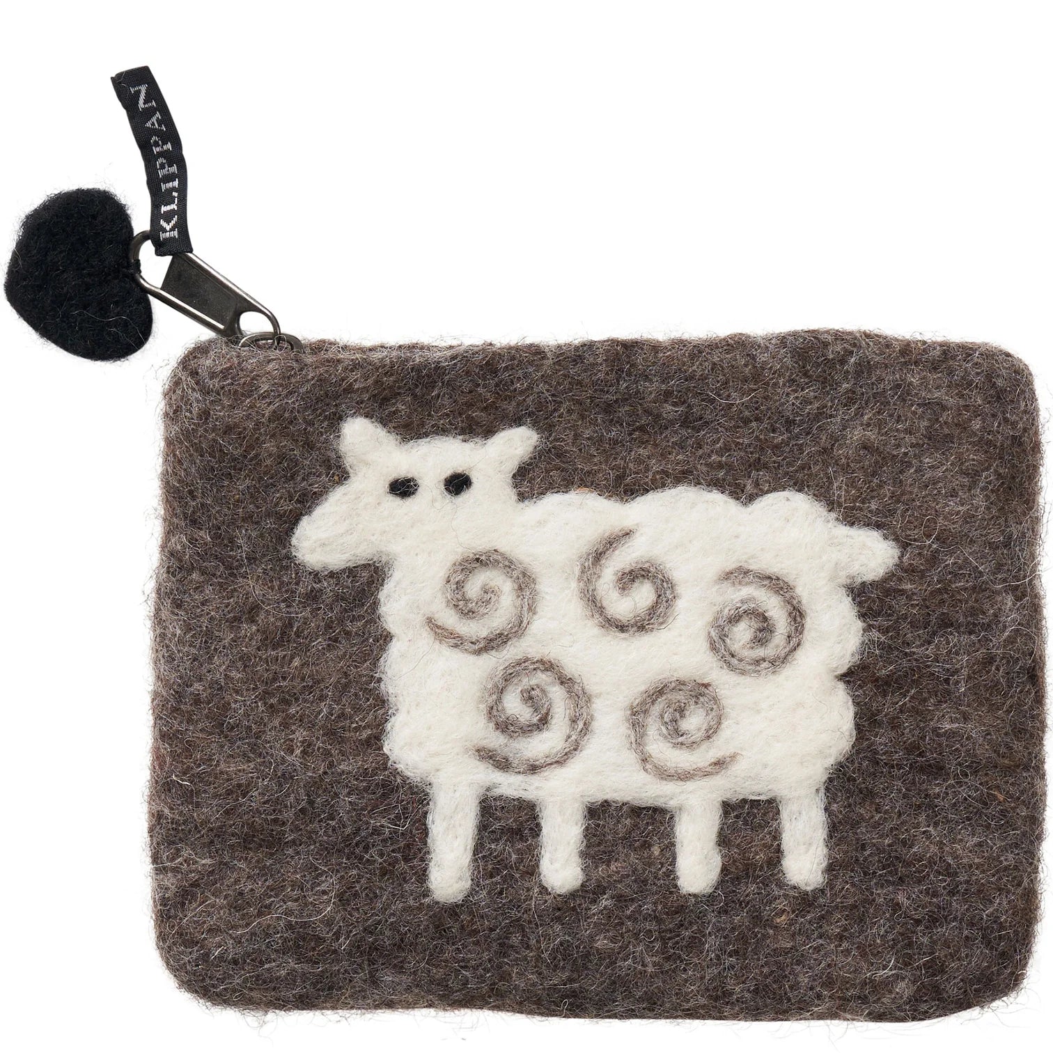 The Klippan Yllefabrik Sheep Felted Wool Purse in grey and white is a small, rectangular zippered bag featuring a cute sheep design with spiral patterns.