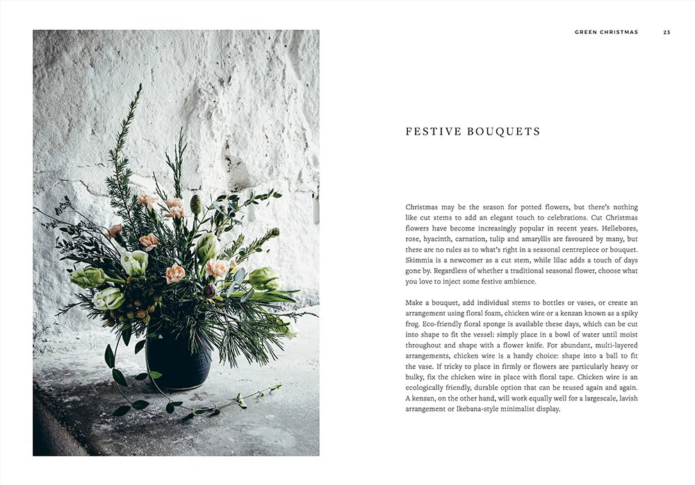 The "Green Christmas - Wreaths & Floral Arrangements" by Cozy Publishing features a black-vased arrangement with greenery and white Christmas flowers on a textured white surface, accompanied by festive bouquet text on the right.