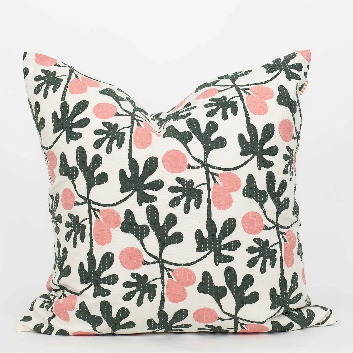 The Fig Cushion Cover by A World of Craft features a green leafy and pink fruit pattern on white, adding a unique, elegant touch. Size: 50 cm x 50 cm.