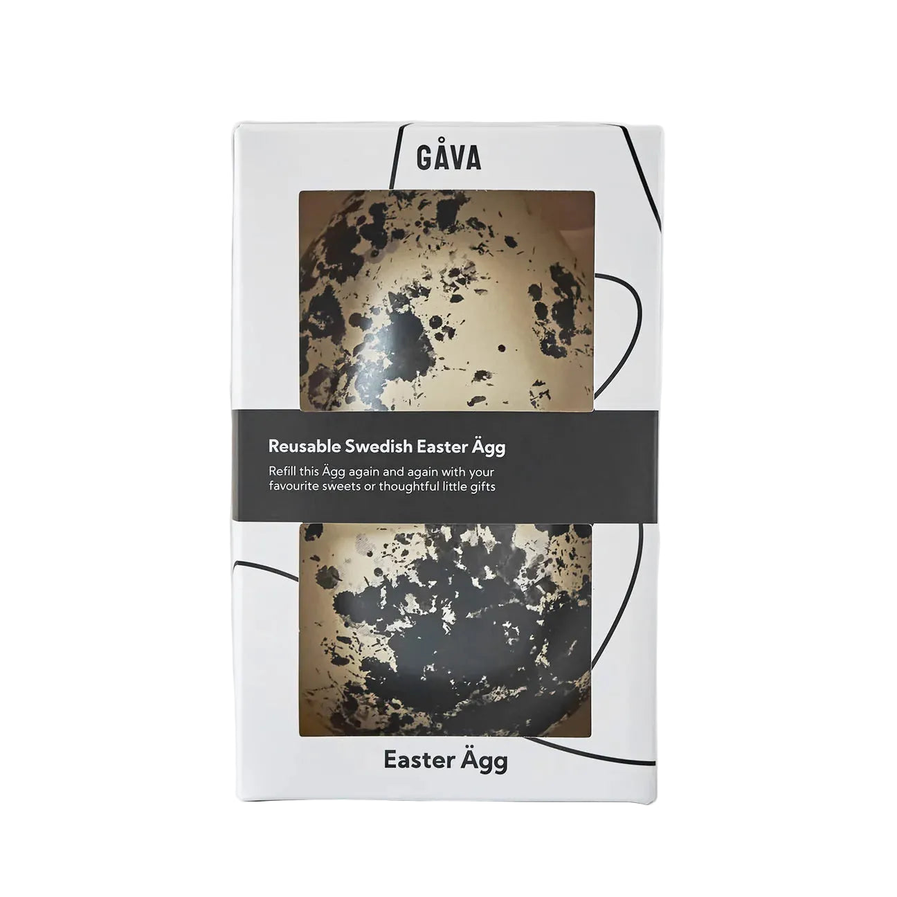 A speckled Vaktel Reusable Easter Egg, a Swedish-style Påskägg in tin by Gåva Gifting, presented in a white rectangular box labeled GÅVA and Easter Ägg, with a band reading Reusable Swedish Easter Ägg around the middle.