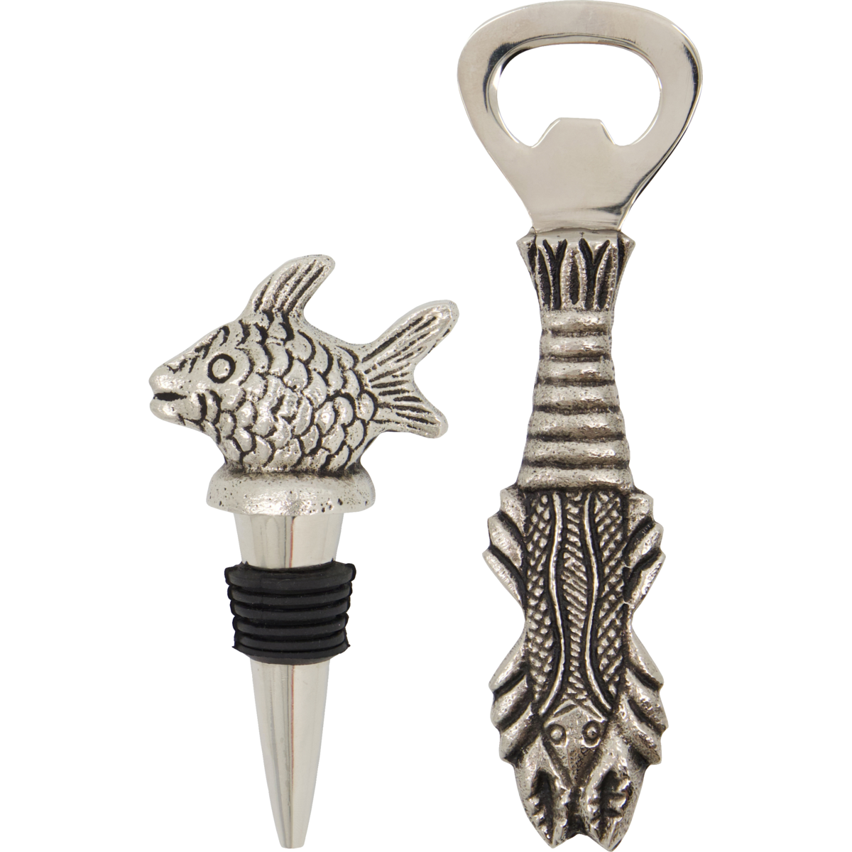 Bottle Opener and Bottle Stopper, Fish and Lobster, in Antique Silver