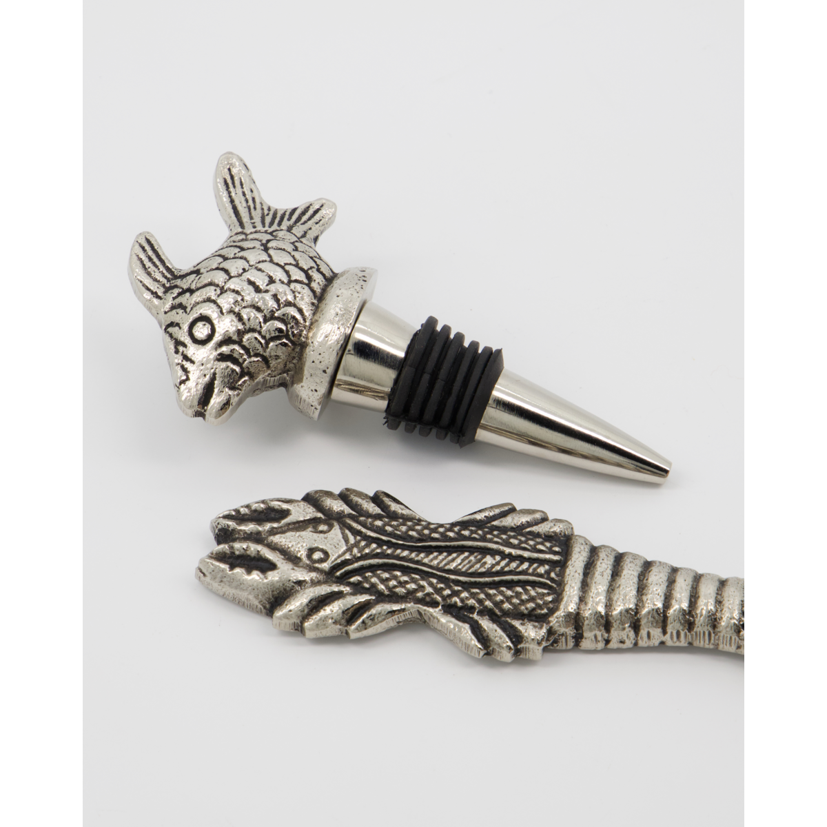 Bottle Opener and Bottle Stopper, Fish and Lobster, in Antique Silver