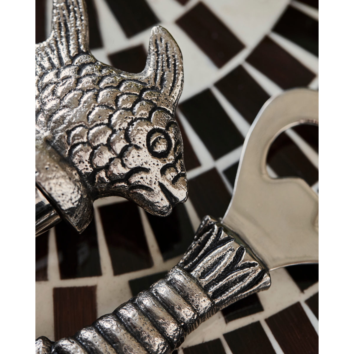 Bottle Opener and Bottle Stopper, Fish and Lobster, in Antique Silver