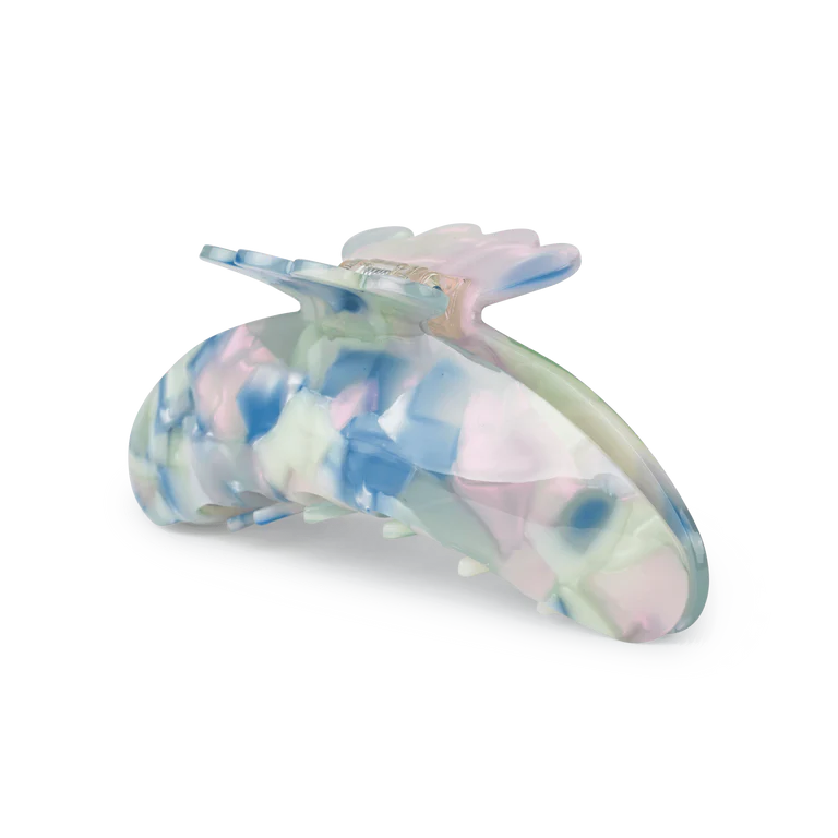 The Sui Ava Helle Marble Biggest Hair Claw Clip in Multicolour features a pastel checkered design with blue, pink, and green on white—a stylish thick hair accessory perfect for everyday use.