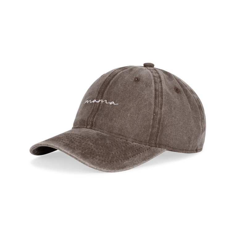 The Sui Ava Everyday Cap, Mama is a washed brown adjustable cotton cap with visible stitching and "mama" embroidered in white script on the front, shown against a plain white background.