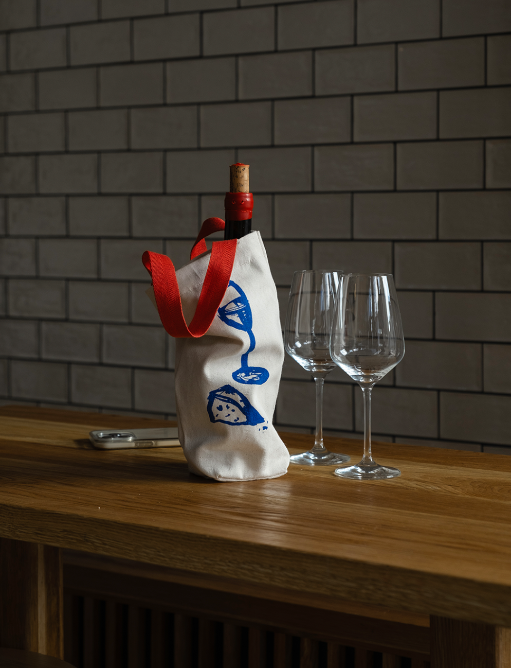 Flaska Bottle Tote with Wine Glass, Cheese & Fish