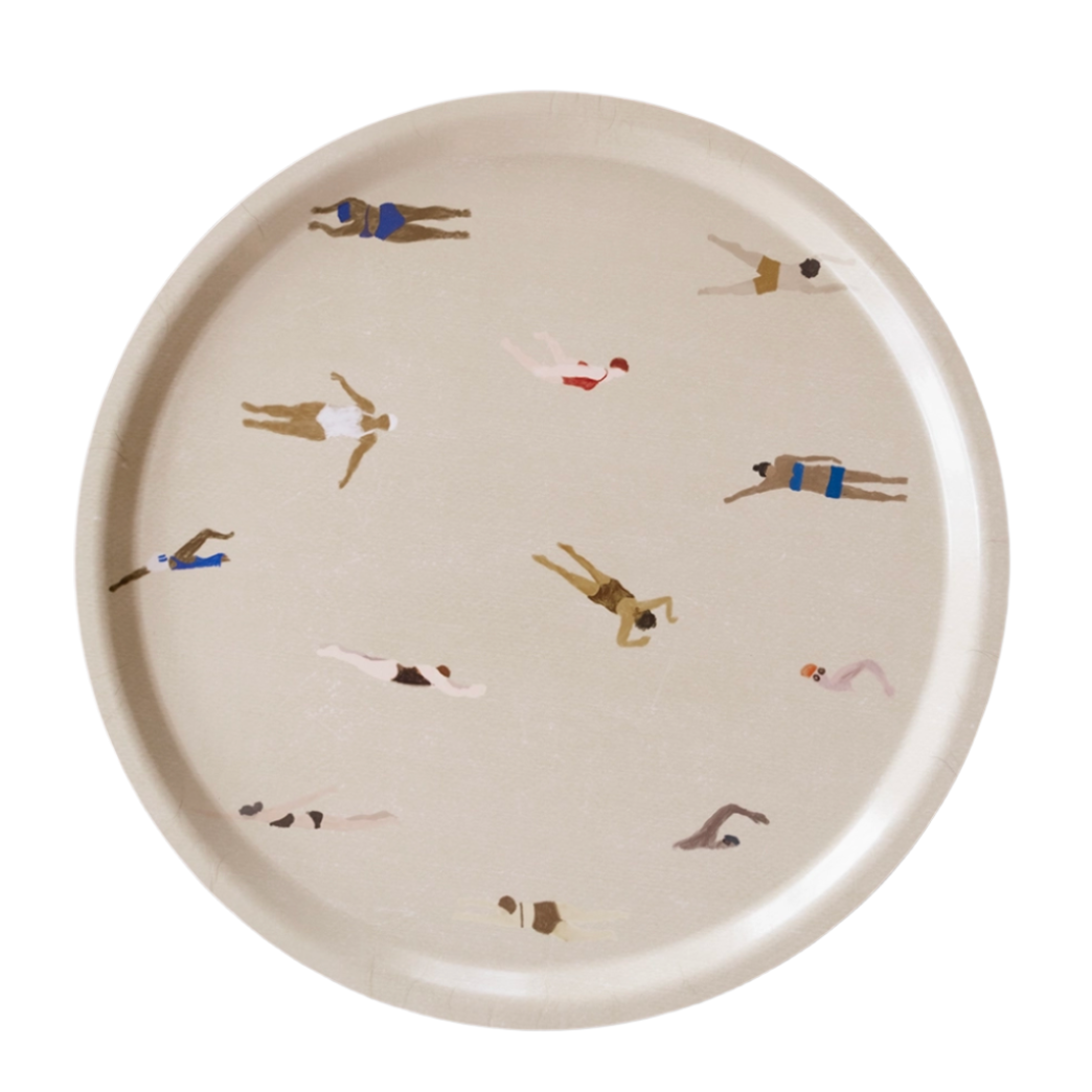 Round birch wood tray with swimmers print, 38cm, perfect for serving and kitchen decor.