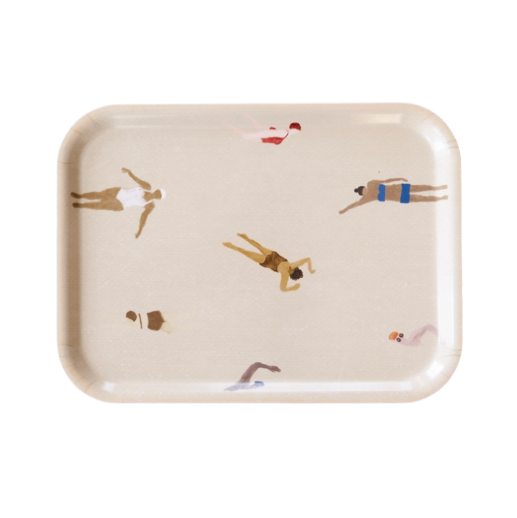 Swimmers Tray Small in sand with colorful swimmer design, made of FSC-marked laminated birch wood, 27cm x 20cm.
