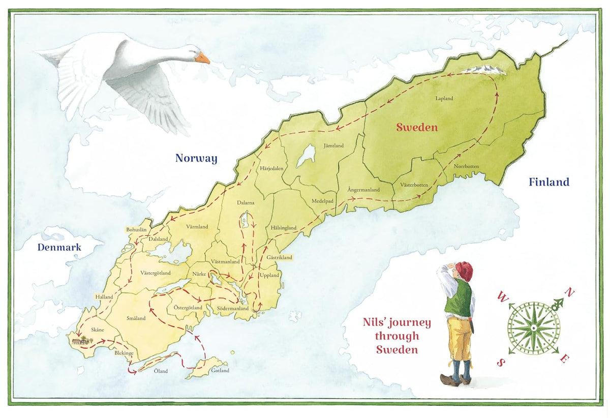 An illustrated map inspired by Selma Lagerlöf’s The Wonderful Adventures of Nils Book shows Nils’s adventure route through Sweden, with a white goose in flight and Nils in a green cap gazing at the map; neighboring countries—Denmark, Norway, and Finland—are labeled.