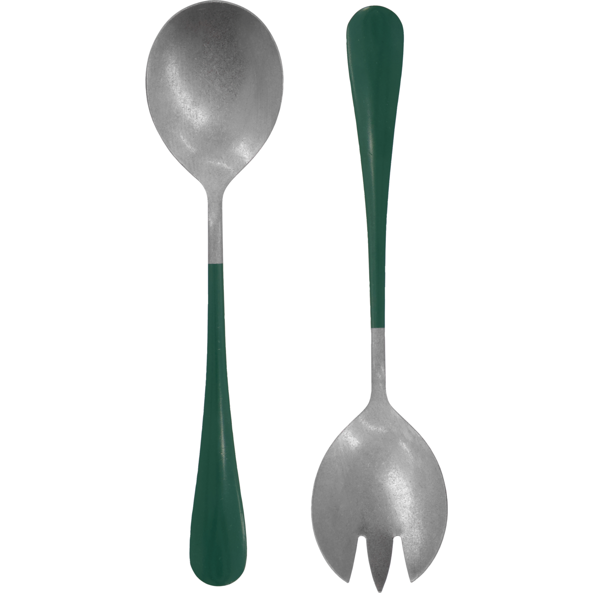 The Nicolas Vahé Salad Set in Stainless Steel, Green features a spoon and spork with green handles and an antique silver finish, adding elegance to serving; the spoon is on the left and the spork is on the right.