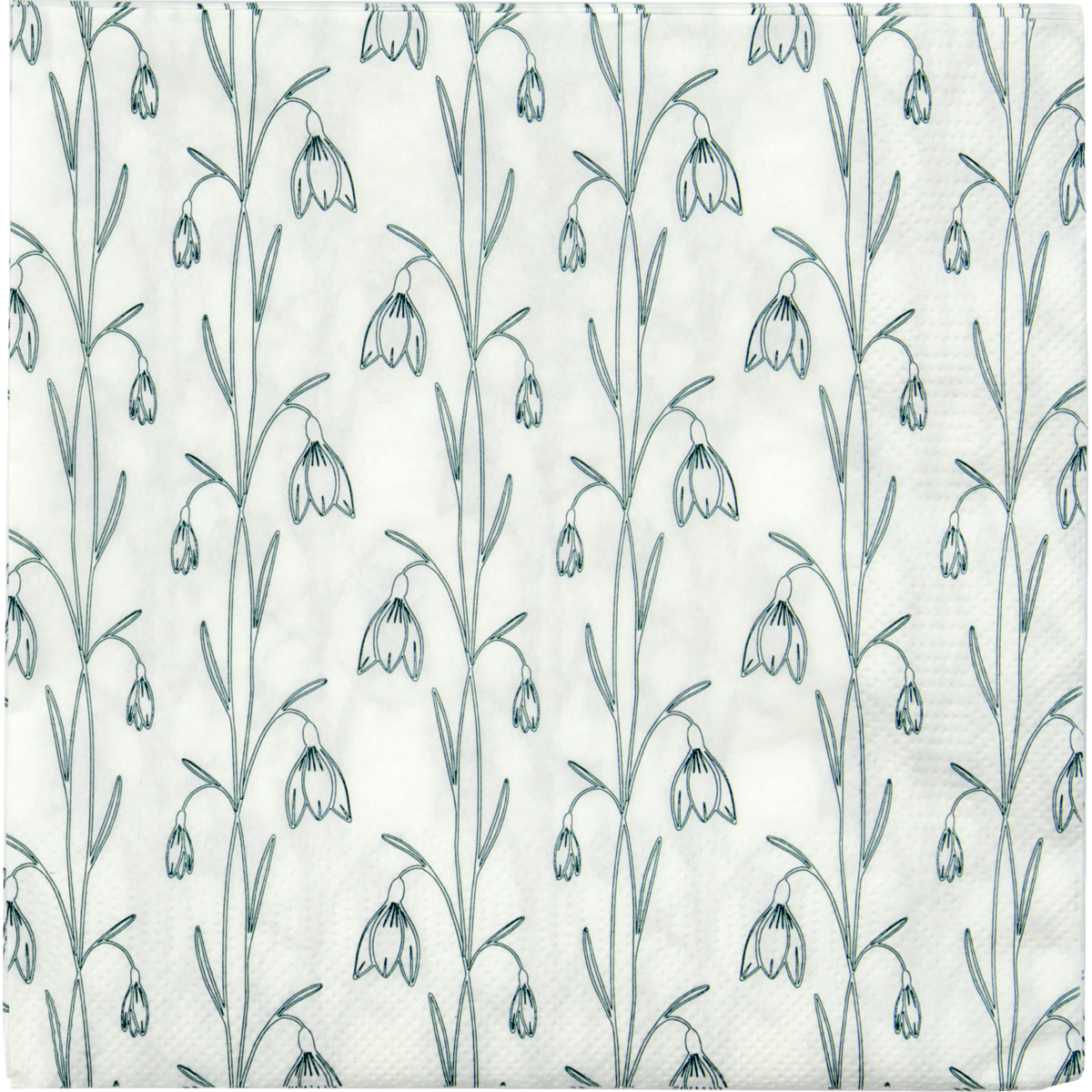 House Doctor’s Snowdrop Napkins in White & Green, Pack of 40, feature a repeating pattern of hand-drawn snowdrop flowers and stems—ideal for adding seasonal charm to your table.