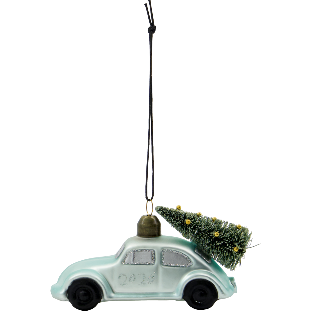 House Doctor Car Bauble Ornament with Tree 2026, light blue glass car with a miniature tree on its roof and 2026 written on the side.