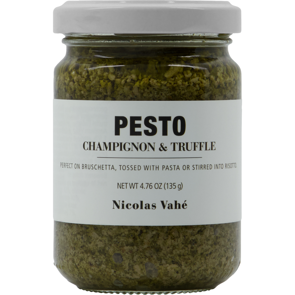 Nicolas Vahé Pesto, Champignon & Truffle is a 4.76 oz (135 g) glass jar of gourmet mushroom and truffle pesto—perfect as a rich truffle pasta sauce, visible through its elegant white label.