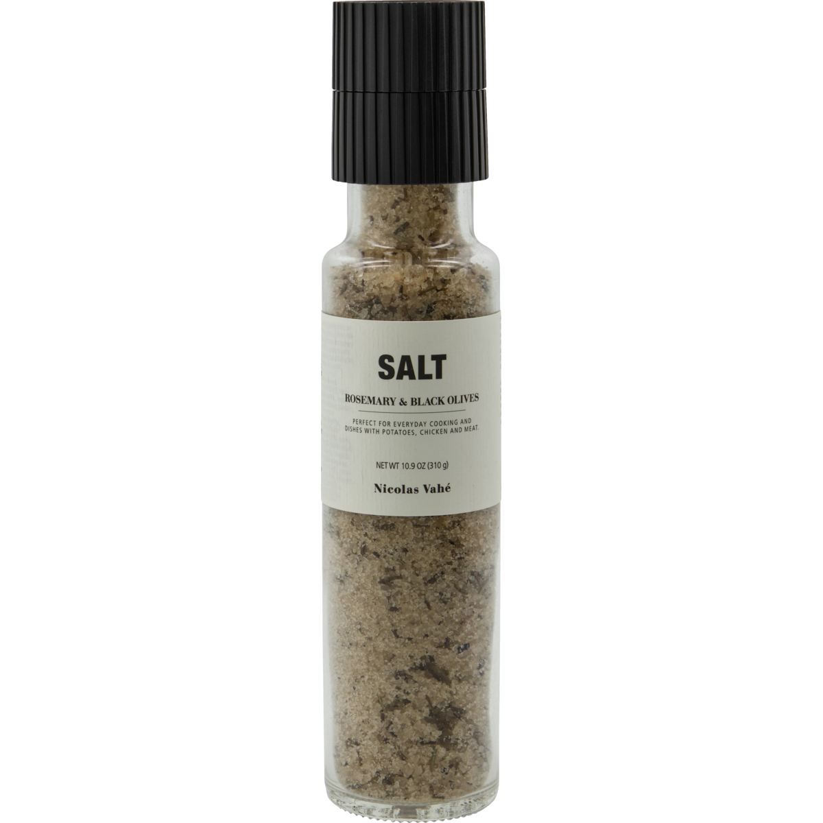 A clear glass grinder bottle of Nicolas Vahé Salt, Rosemary & Black Olives features a ceramic grinder and black plastic top, filled with a rosemary and black olive sea salt blend.
