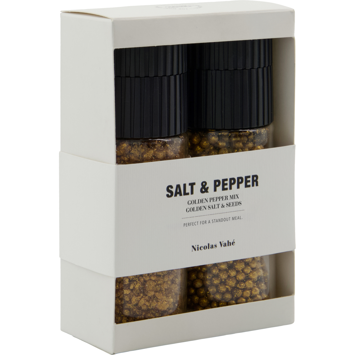 The Gift Box by Nicolas Vahé includes clear glass grinders of Golden Pepper Mix and Golden Salt & Seeds, with sleek black lids, elegantly displayed in a white box labeled "Salt & Pepper.