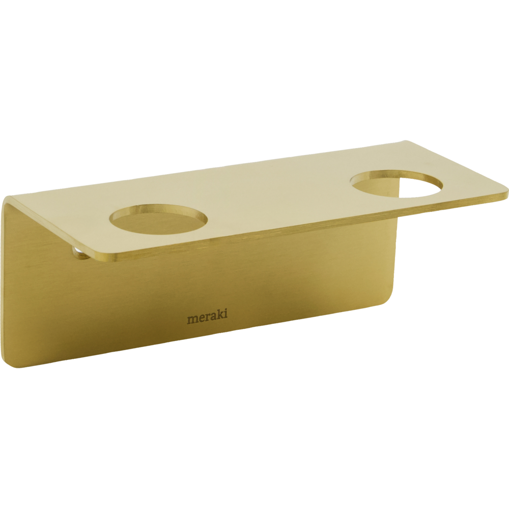 The Bottle Hanger 2 Holes from Meraki features a brushed brass finish with two circular openings on top and "meraki" elegantly engraved on the front, making it a stylish wall-mounted bathroom organiser or shower bottle holder that keeps your essentials neatly displayed and easily accessible.