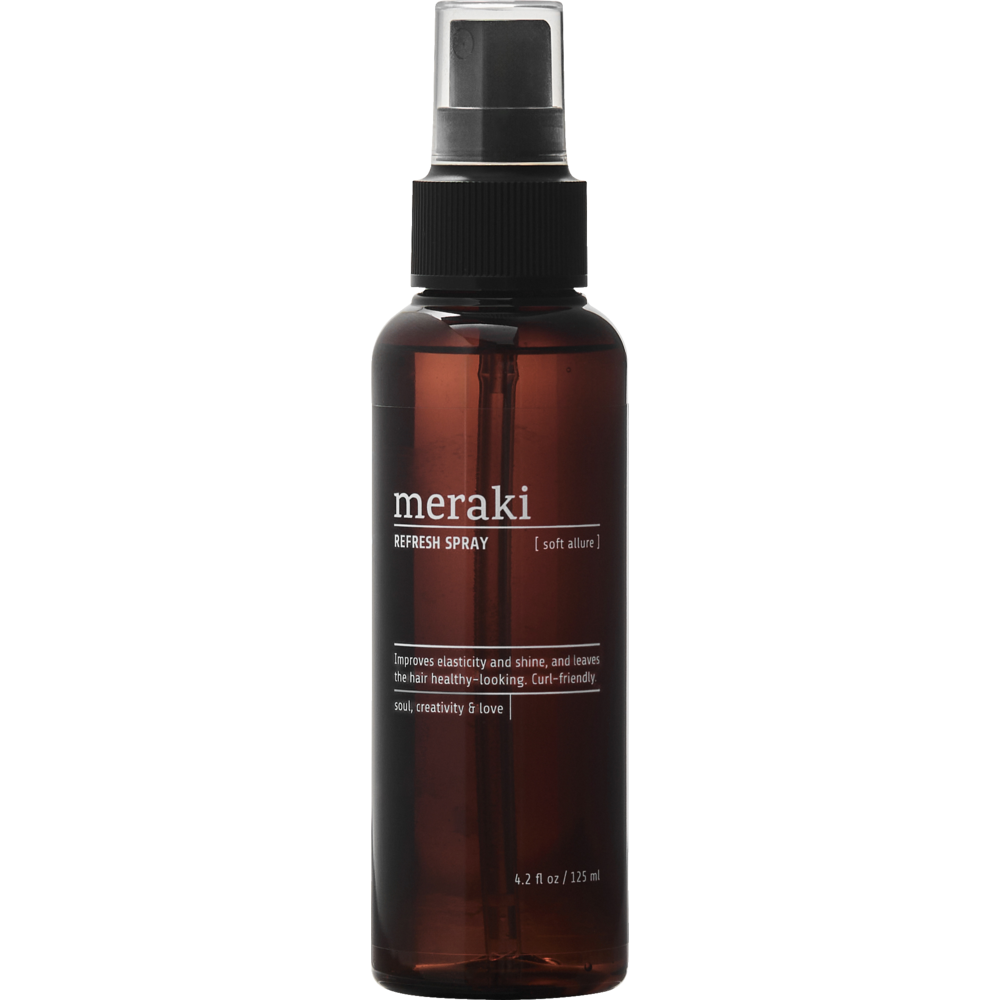 A 125 ml brown spray bottle of Meraki Refresh Spray Hair, Soft Allure, featuring text about its hair benefits such as enhanced elasticity, shine, and healthy-looking curls. This silicone-free, curl-friendly hair refresh spray is ideal for reviving your natural texture and keeping your locks vibrant and bouncy.