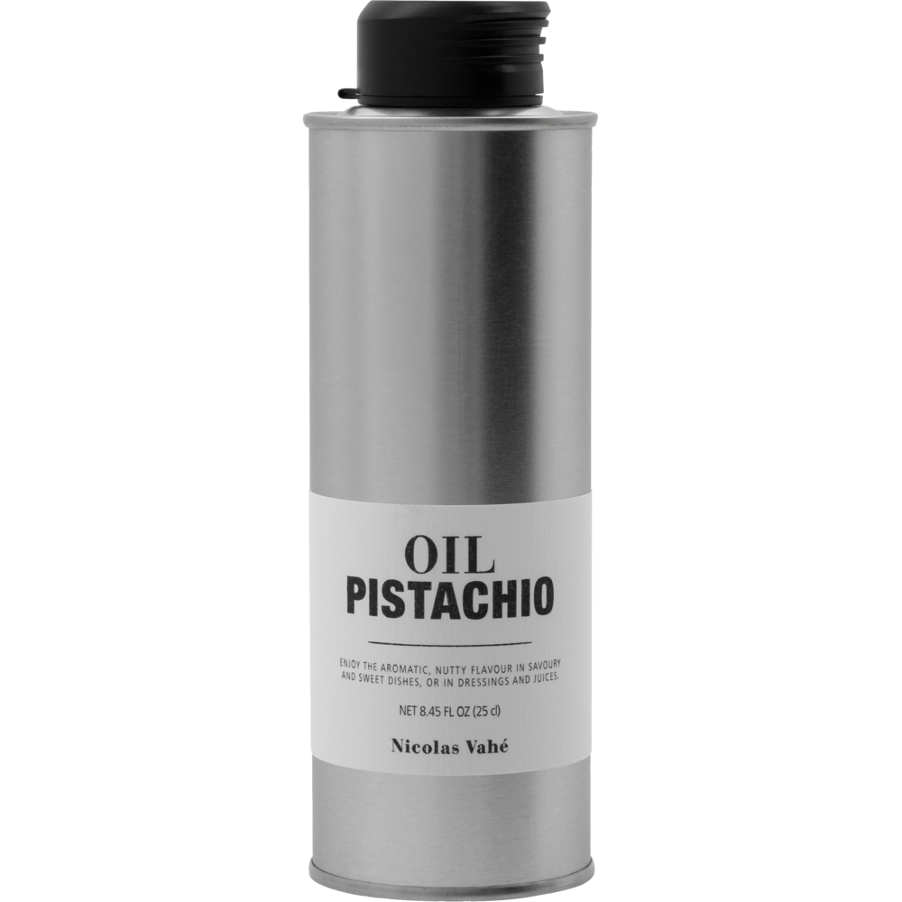 A silver metal canister with a black cap is labeled "Pistachio Oil" by Nicolas Vahé, featuring product details on the front. Perfect for cooking, this oil brings a rich, nutty flavor to your dishes. The canister is photographed against a plain white background.