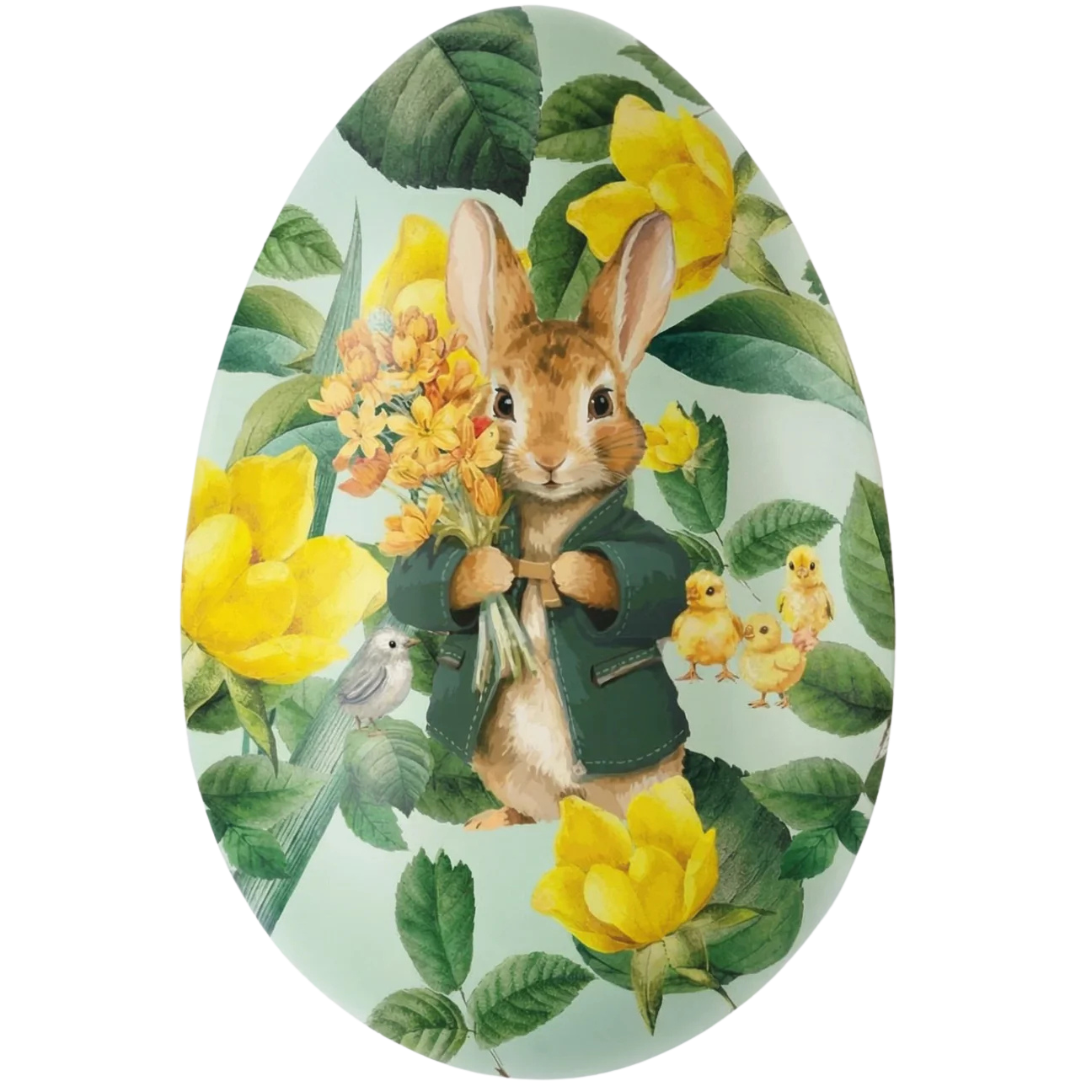 The Emil Reusable Easter Egg by Gåva Gifting features a Swedish-style tin adorned with a rabbit in a green coat, chicks, and flowers—making it a charming and sustainable Easter gift.