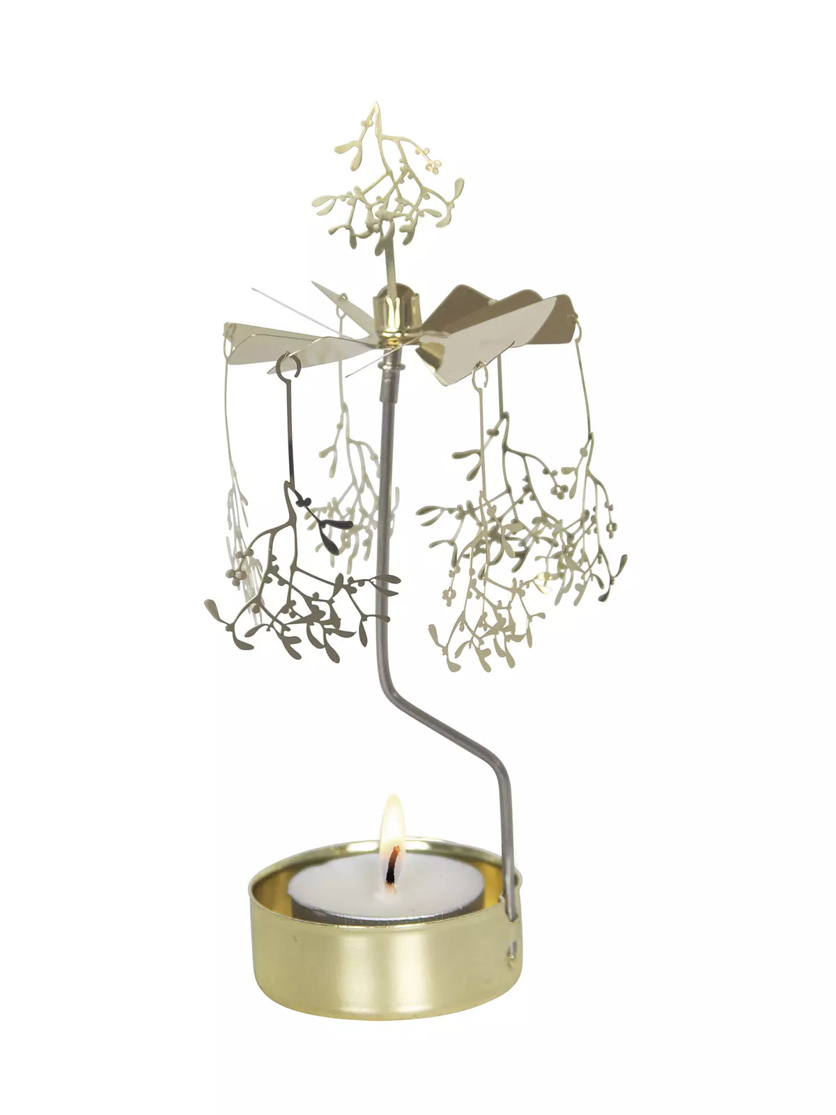 Crafted by Pluto Design Sweden, the Tealight Spinner, Mistletoe in Gold features delicate metal mistletoe shapes that twirl gracefully from a spinning carousel. Powered by the warmth of a burning tealight candle beneath, this charming candle holder is perfect for bringing a festive touch to your Christmas décor.