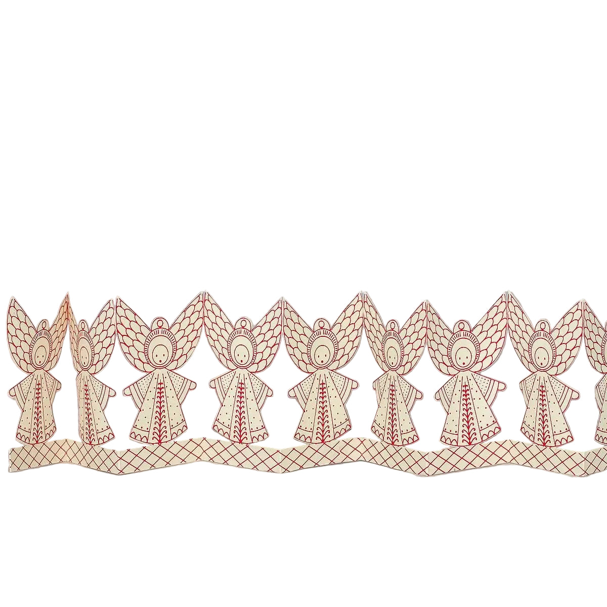 Add a festive touch to your home with the Folklore Angel Paper Foldout Christmas Decoration by A World of Craft. This handmade paper garland showcases a repeating pattern of stylized angels in robes, wings, and halos outlined in red on a crisp white background. Ideal as a Scandinavian-inspired holiday accent or tabletop centerpiece, this charming display brings joyful cheer to any setting.